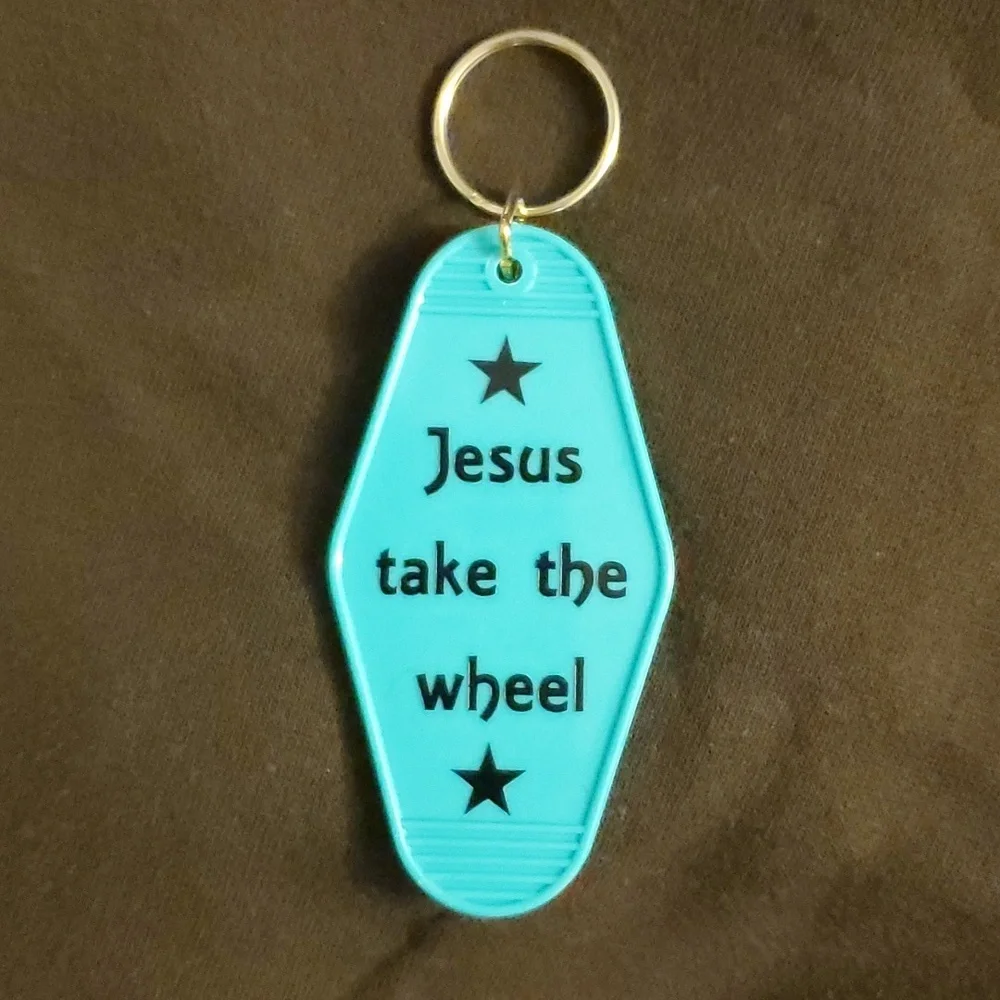Jesus take the wheel Motel Style Teal Keychain